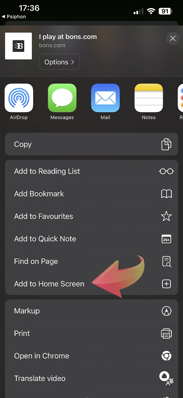 Select Add to Home Screen from the options to get the Bons app.