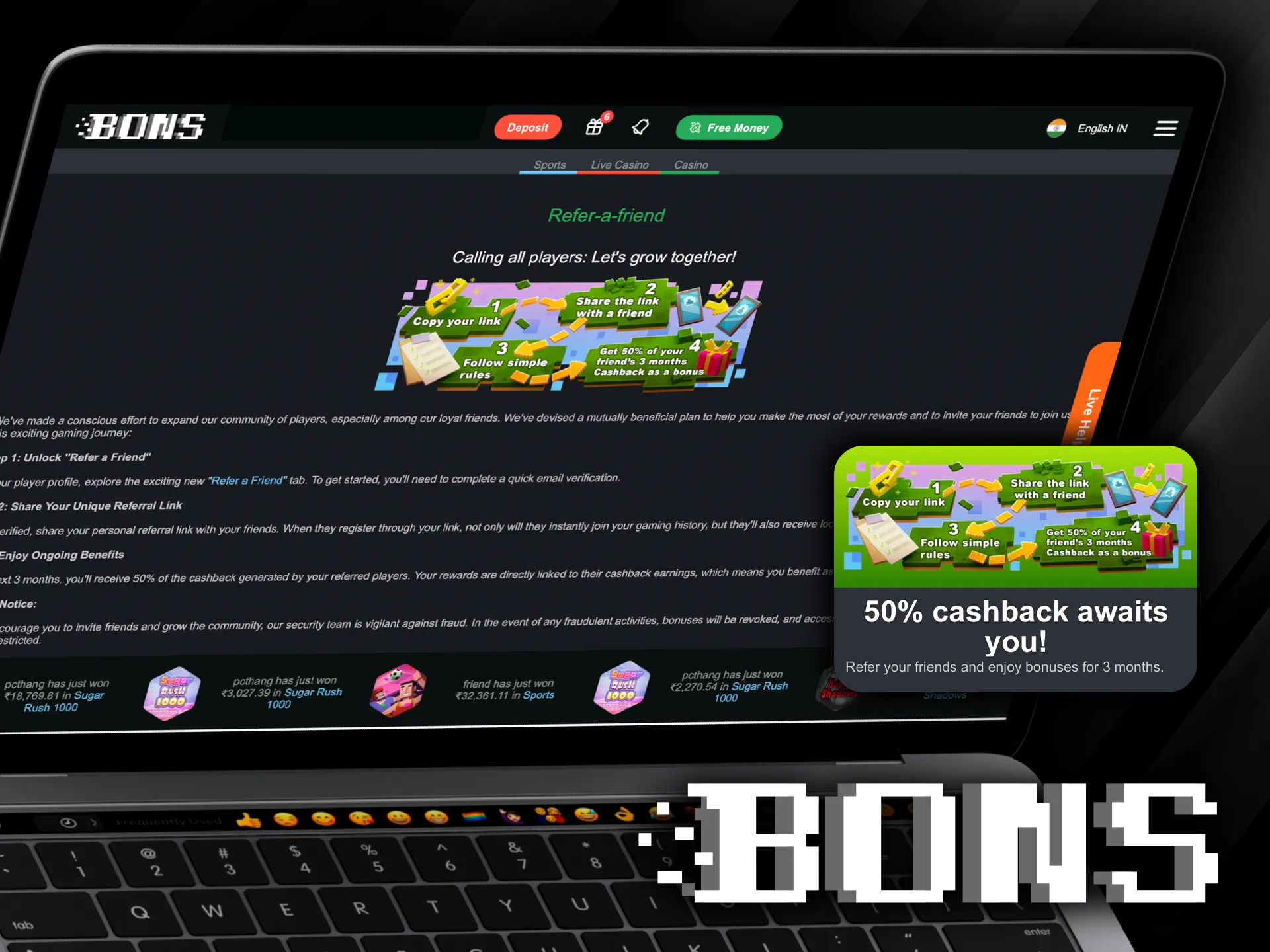 Earn a cashback bonus of 50% at Bons casino.