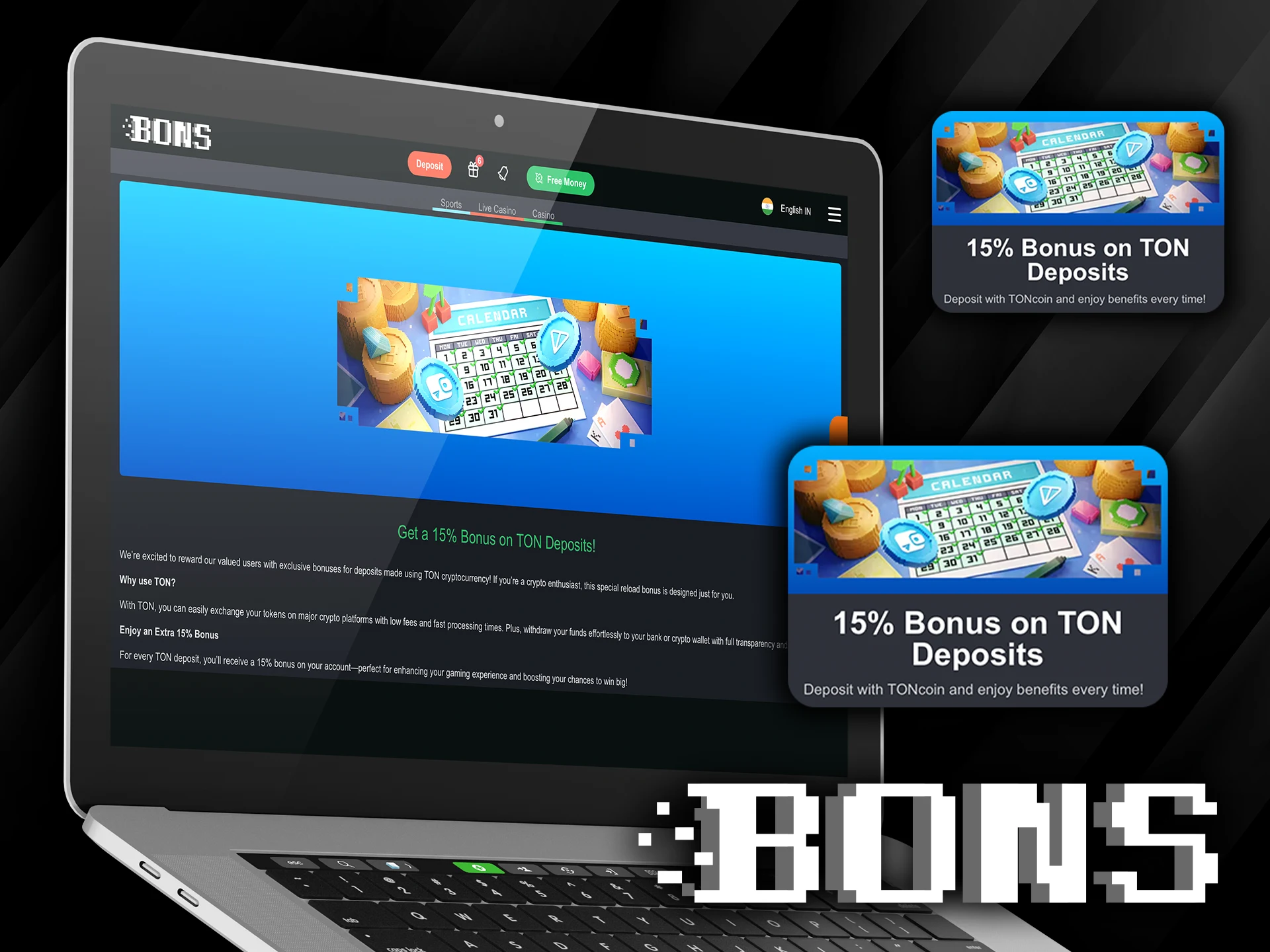 At Bons you can earn a 15% bonus on every TON deposit.