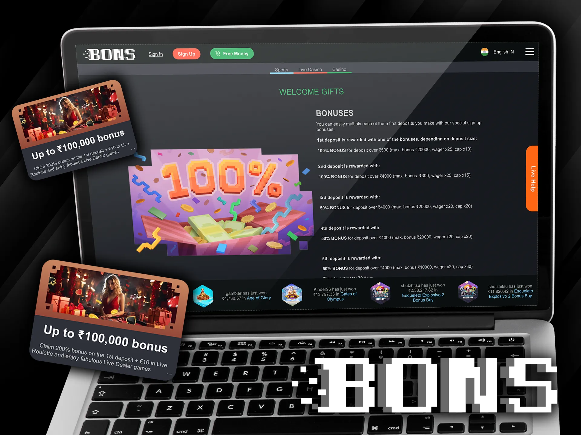 Bons platform greets new players with a generous welcome bonus.