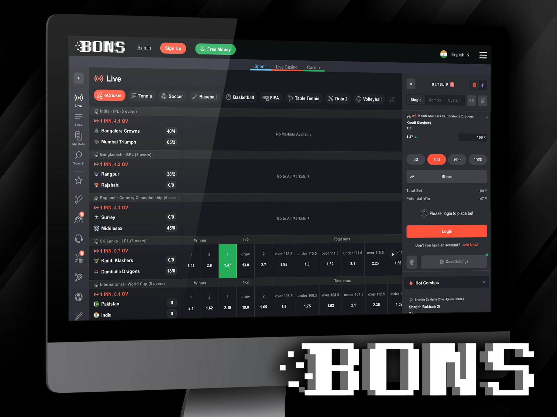 Live Matches section at Bons lets place bets on events happening in real time.