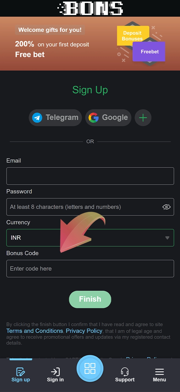 Look for a specific field to enter the Bons casino bonus code.