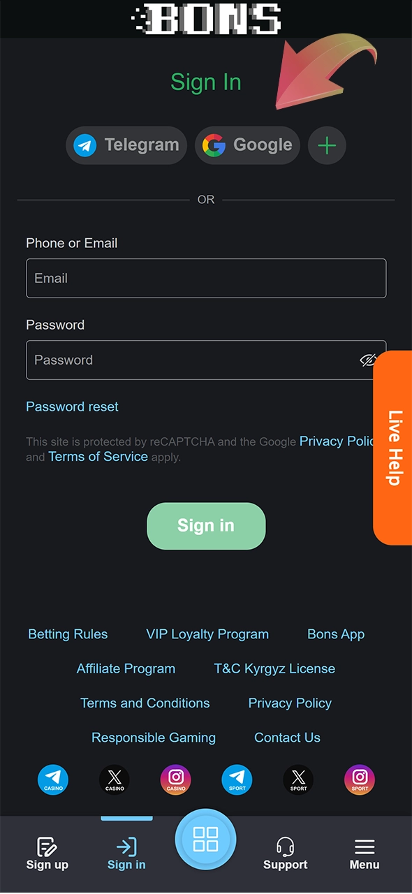 You can also log in to your Bons account using Telegram or Google.