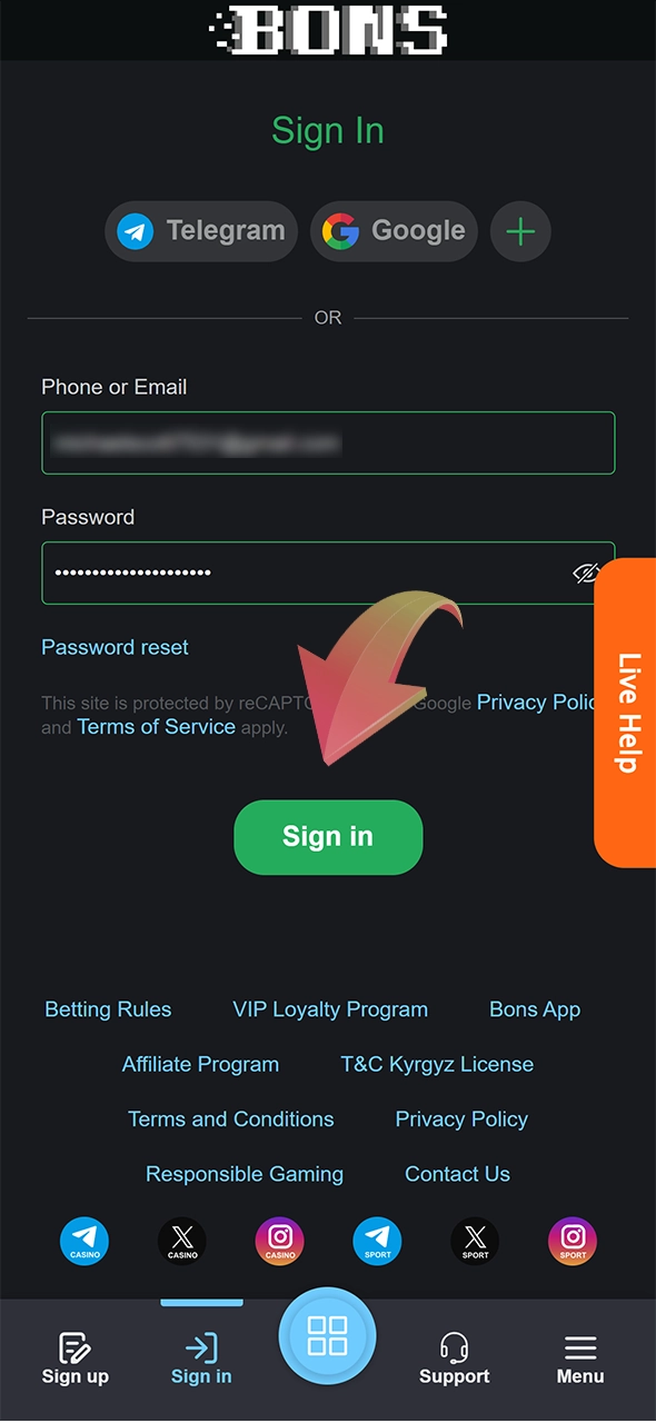 Press the Sign In button to complete the login at Bons.