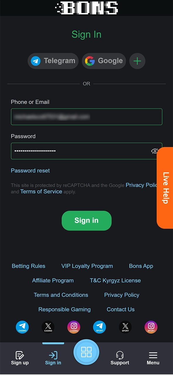 Enter your phone number and password at Bons.