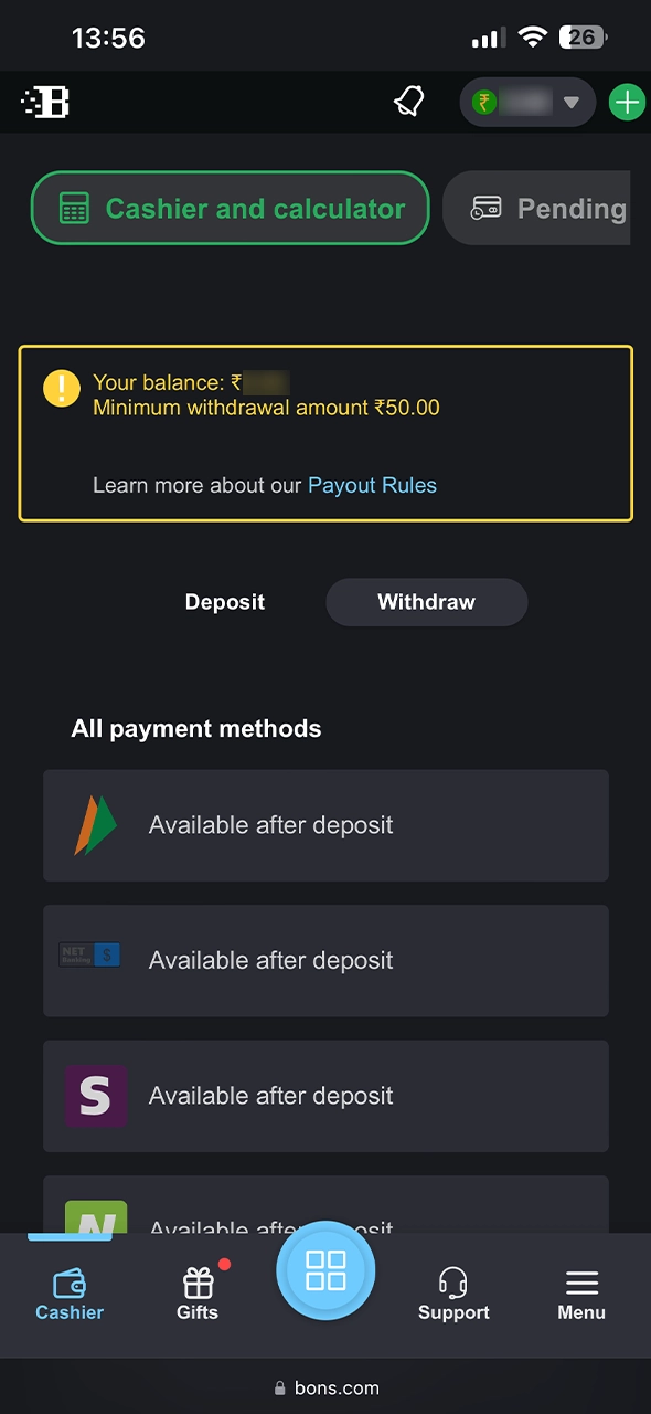 At Bons website locate the Deposit section and choose the Withdraw option.