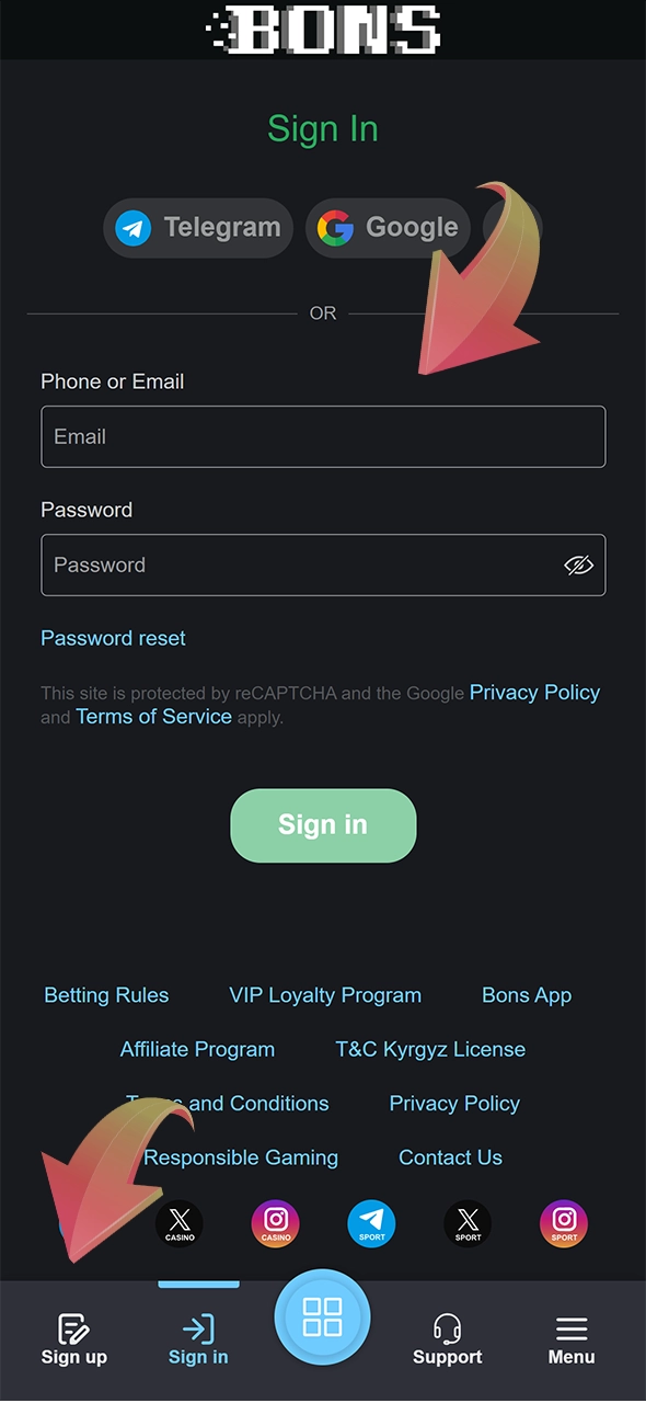 Log in to your Bons account or create a new one.