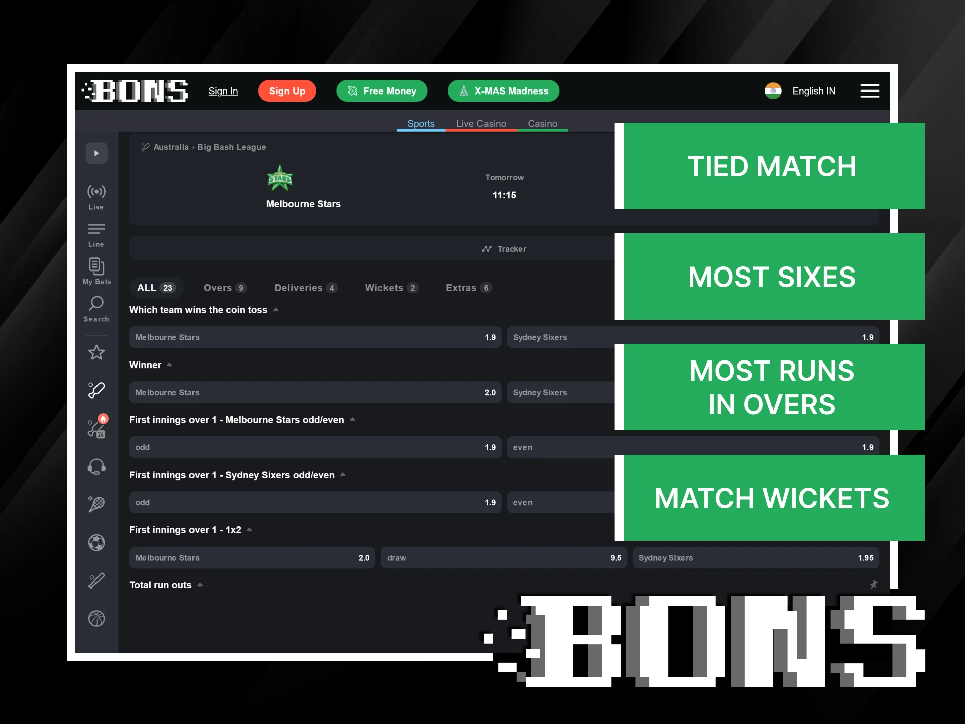 Explore the variety of cricket betting types at Bons.