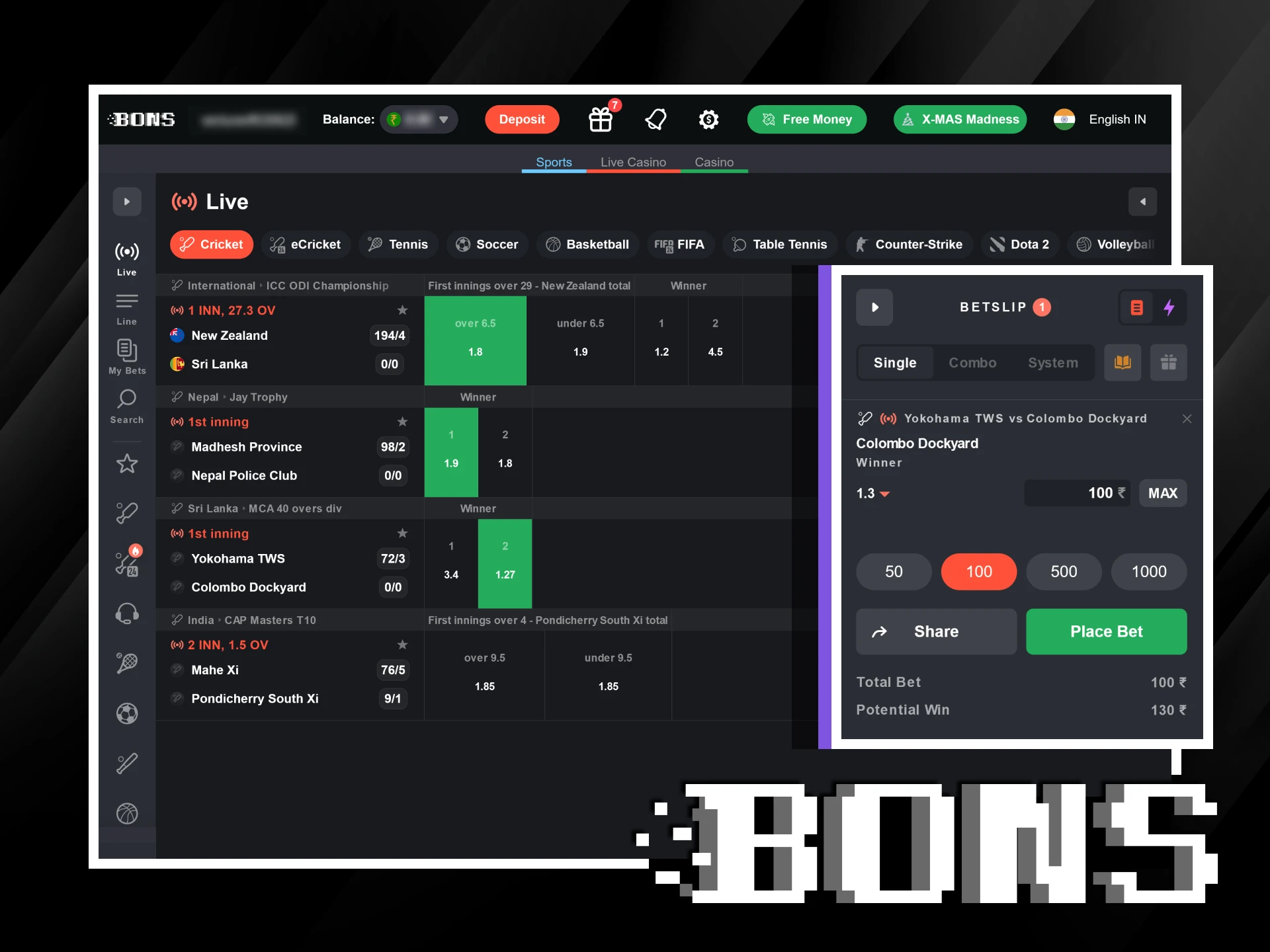 Enjoy real-time cricket betting at Bons.