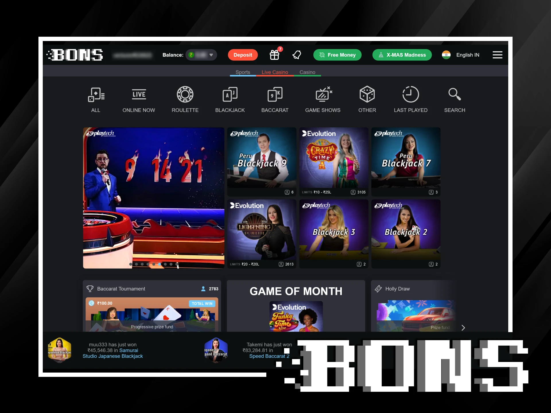 Feel the atmosphere of a real casino online with professional dealers at Bons.