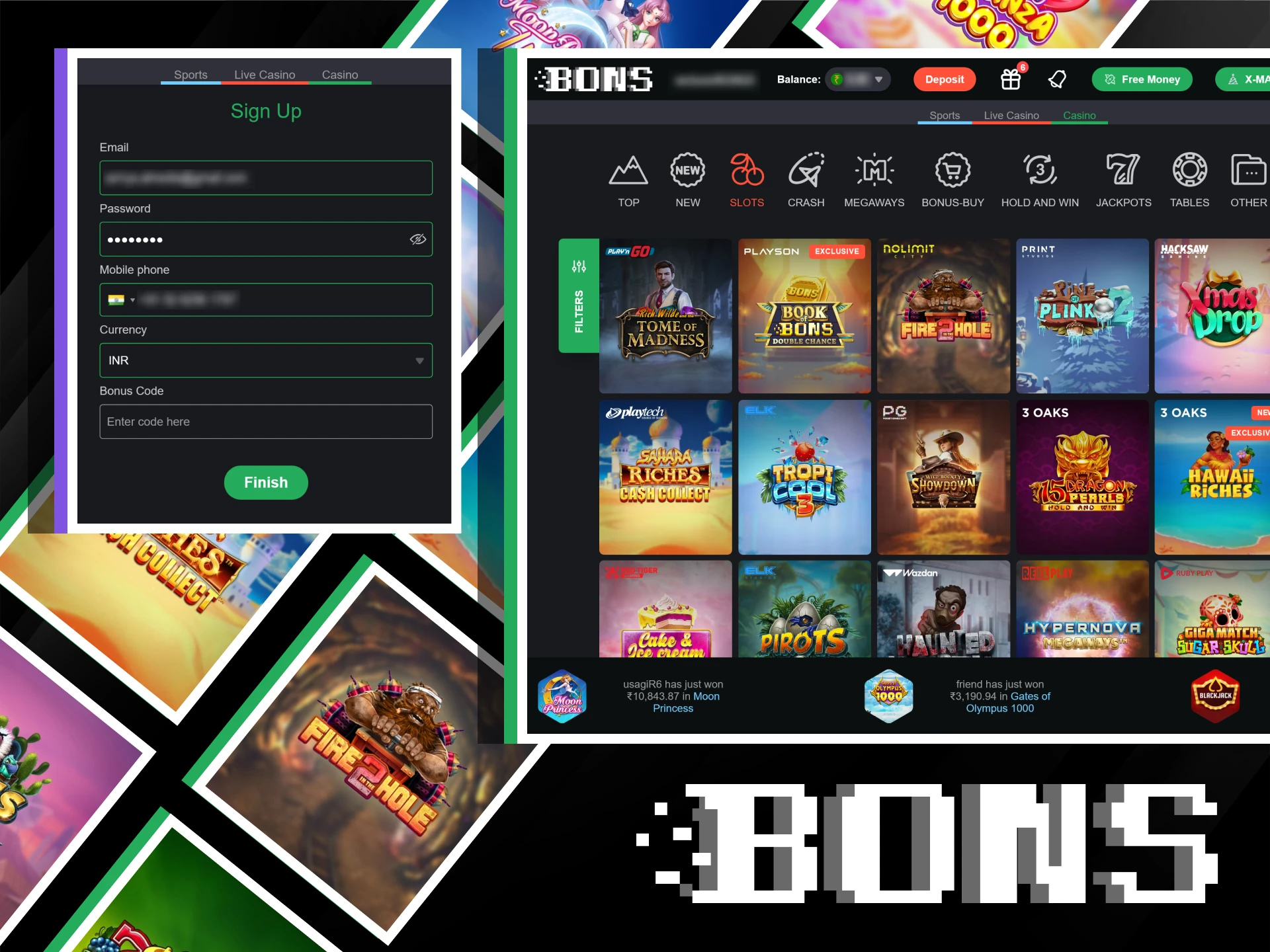 Sign up at Bons to start playing slots.