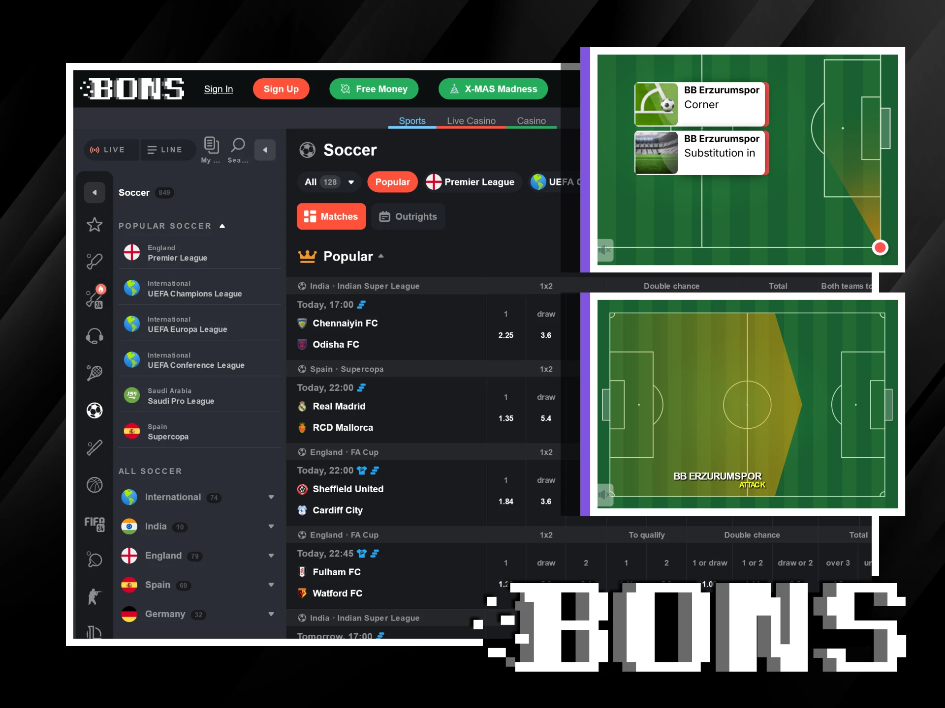 Place bets on live soccer matches via Bons.