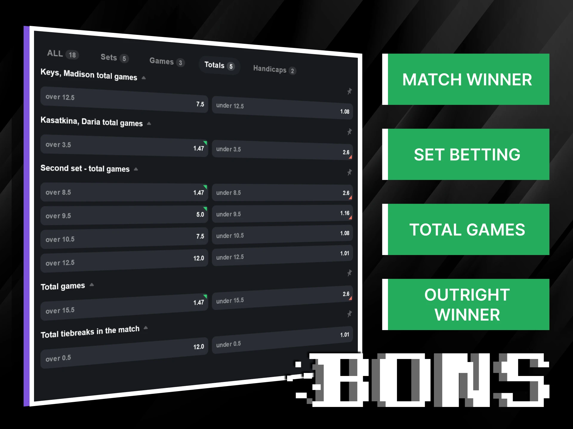 Explore various tennis betting options available on the Bons website