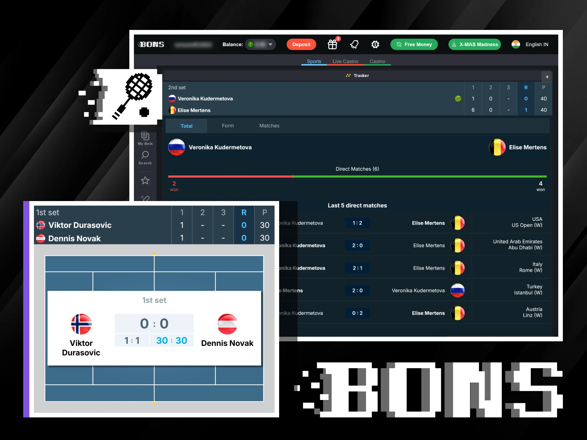 Try live betting on tennis matches via Bons.