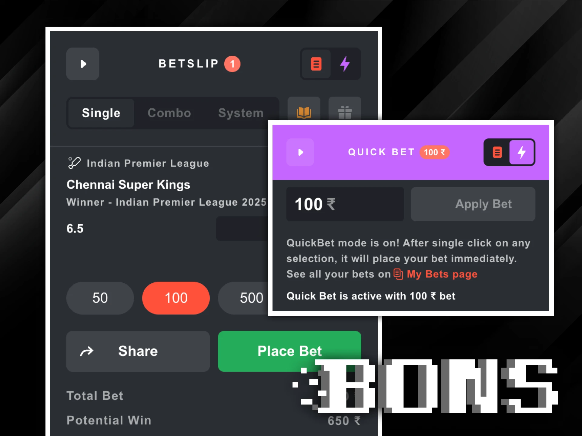 Use different types of bets for IPL 2025 on the Bons official platform in India.