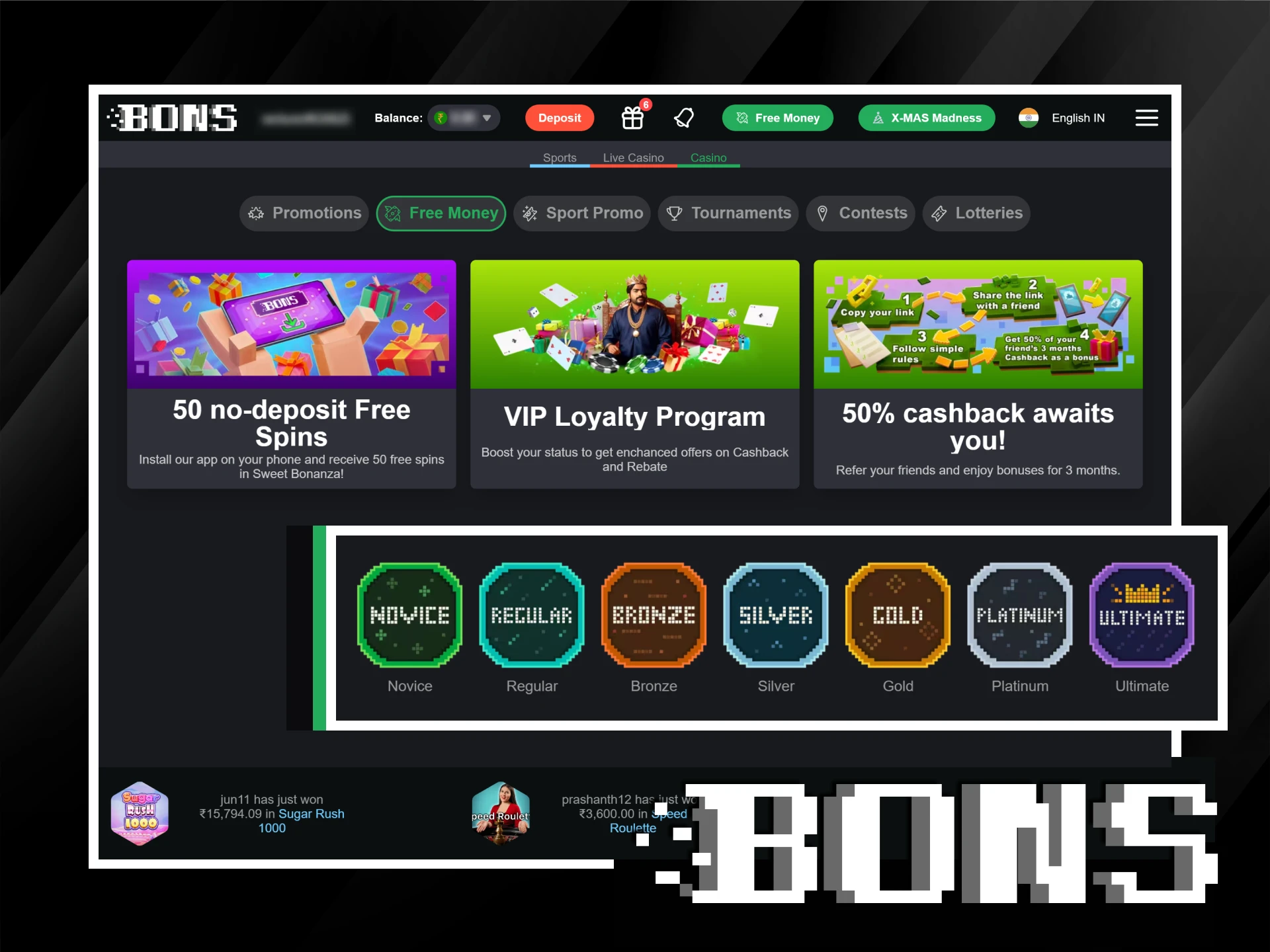 Enjoy no deposit bonuses at the Bons casino.